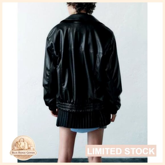 Faux Leather Bomber Jacket Women's Zip Up Biker Style Lightweight - Picture 5 of 7